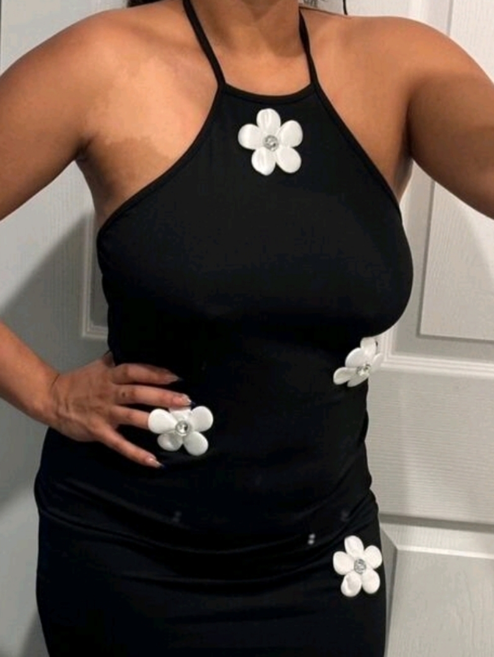 Black Halter Maxi Dress with White Floral Appliqués - Picture 7 of 8
